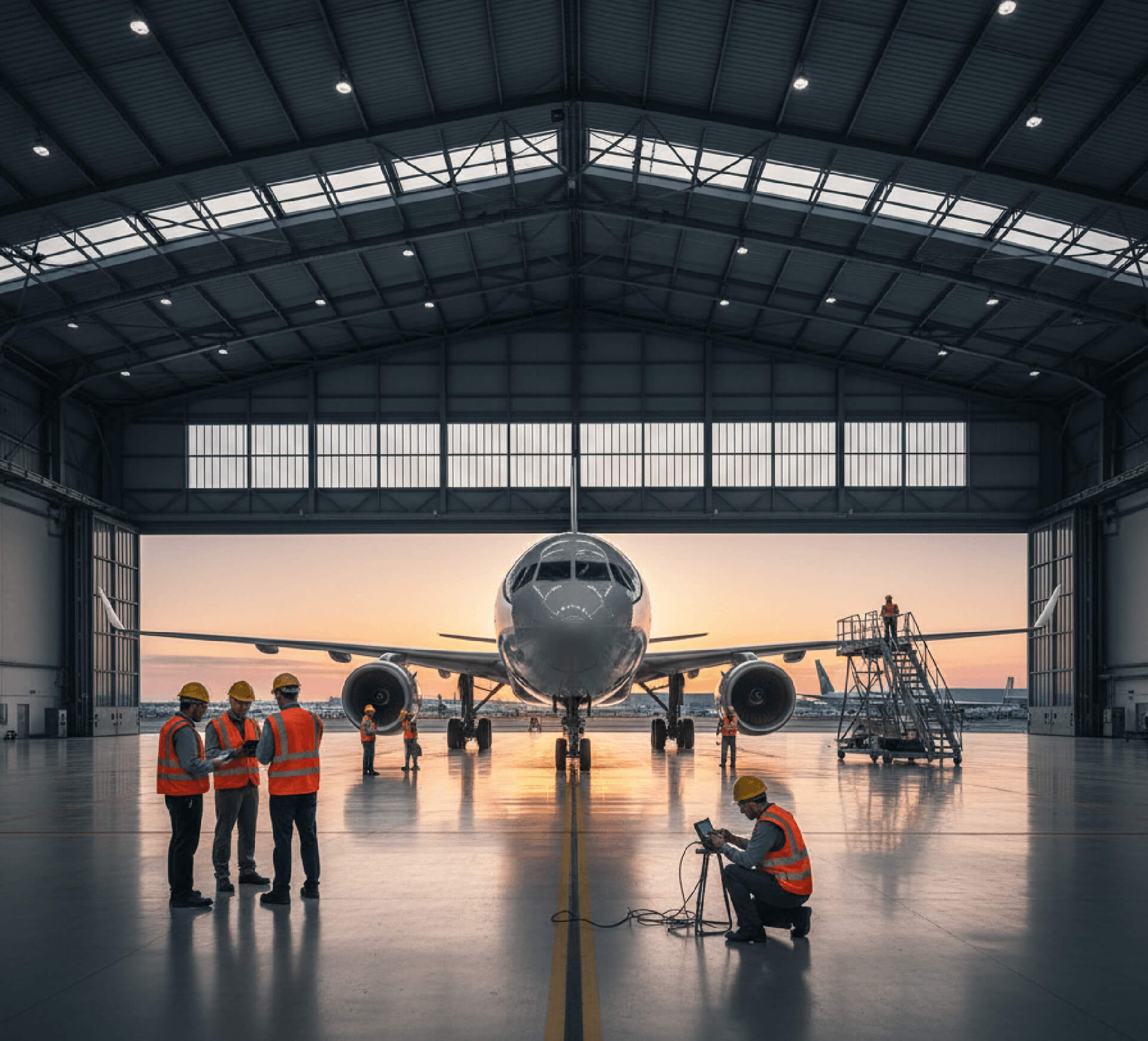 Aircraft pre-buy inspection underway in the JETS hangar at sunset