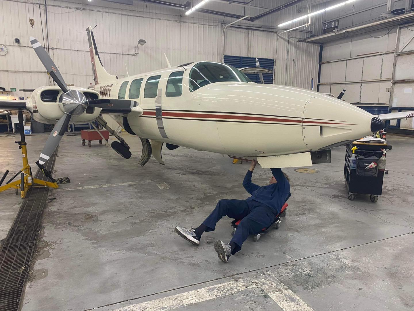 Aircraft maintenance underway in the MRK Aviation hangar