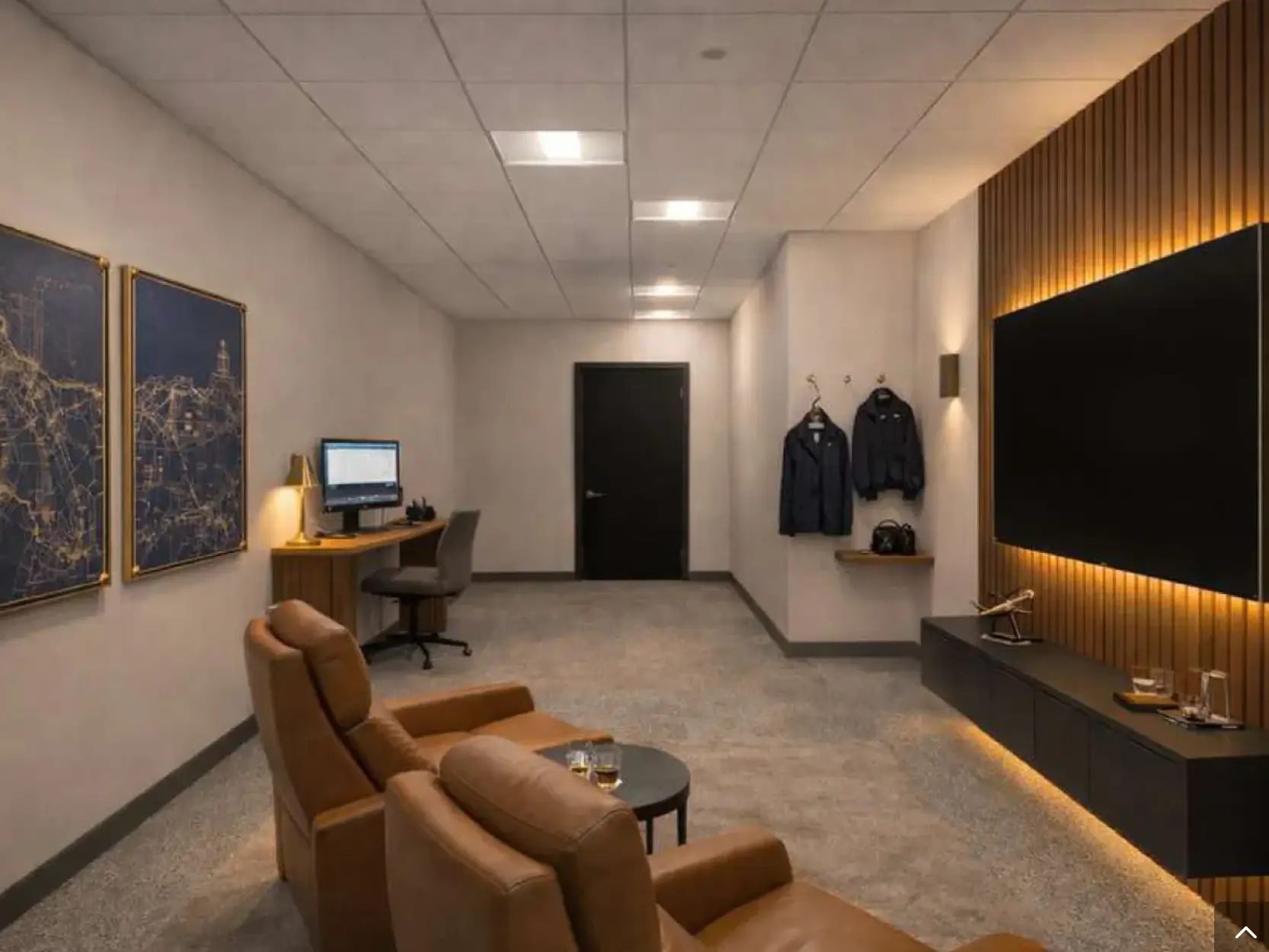 Private executive lounge with leather chairs, art, and city map at JETS South